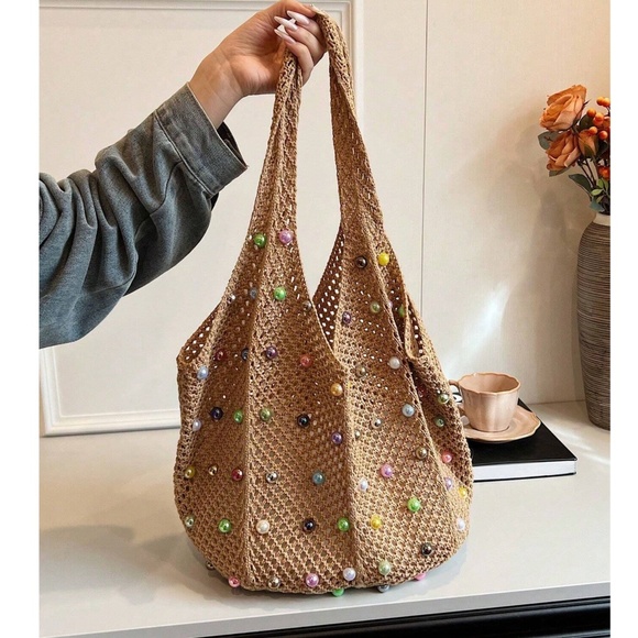 Handbags - Boho Tan Crochet Multicolor Faux Pearl Shoulder Tote Bag